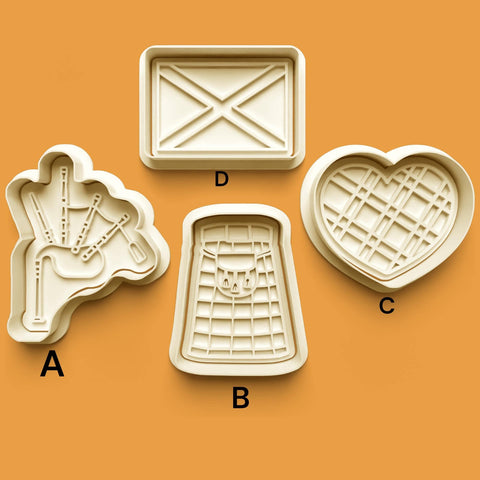 Scotland Cookie Cutters: Bagpipe, Kilt, Saltire Flag, Heart