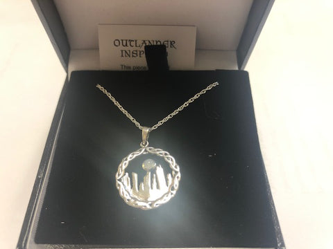 Small Outlander inspired standing stones, with small moonstone silver pendant necklace,