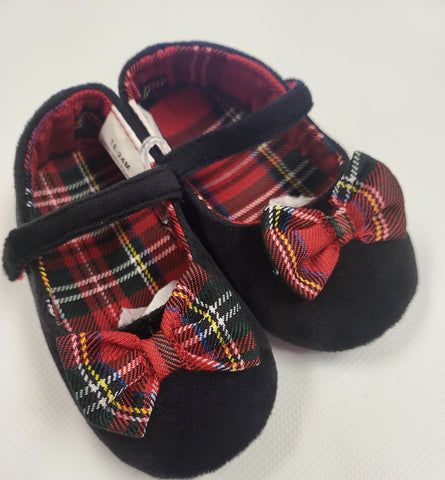 Baby Shoes Black With Red Tartan Bow